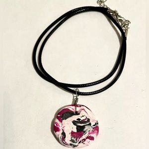 Handmade Clay Necklace One of a Kind Pink Black White